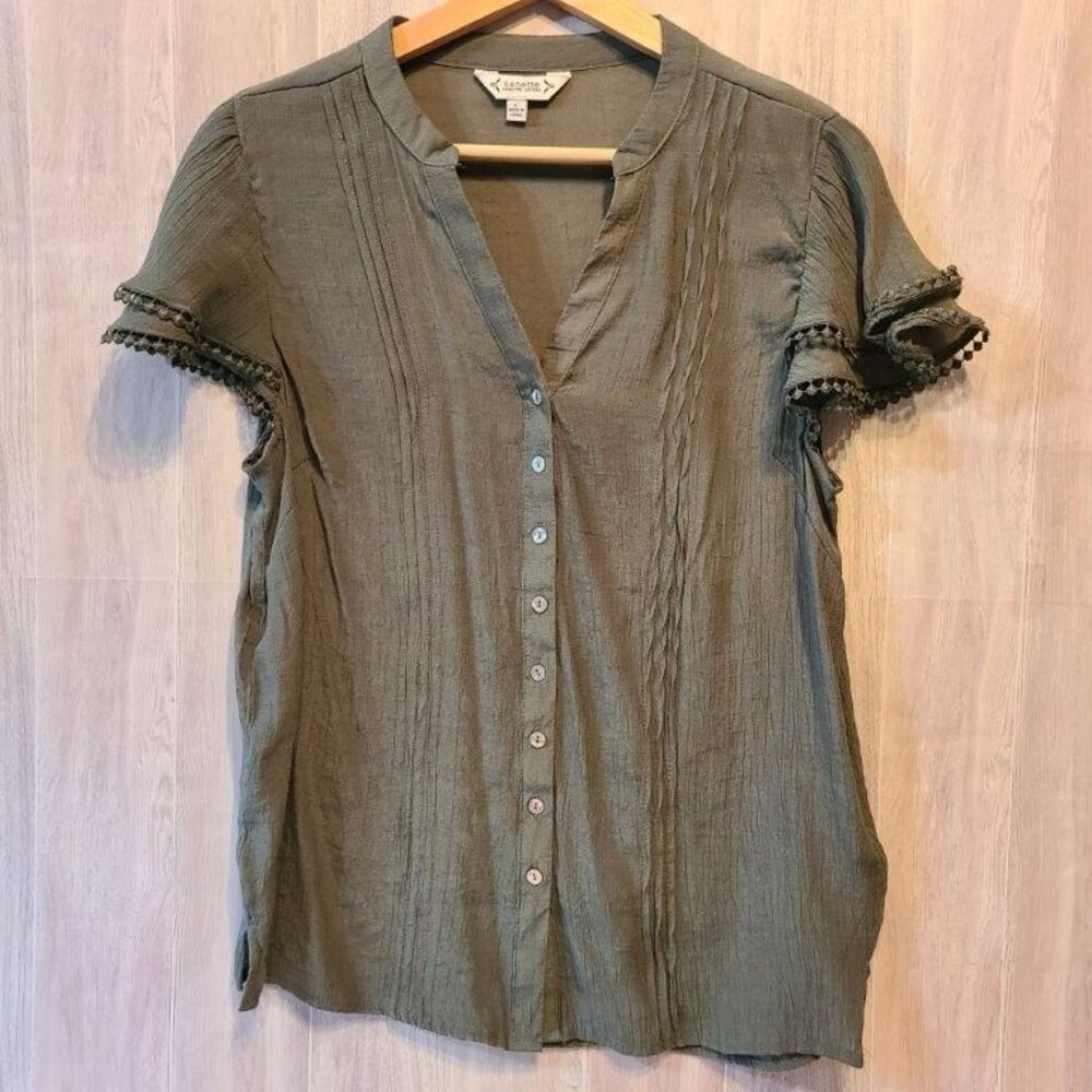 Nanette Lepore L Olive Green Blouse Short Flutter Sleeve Pintuck Boho Top